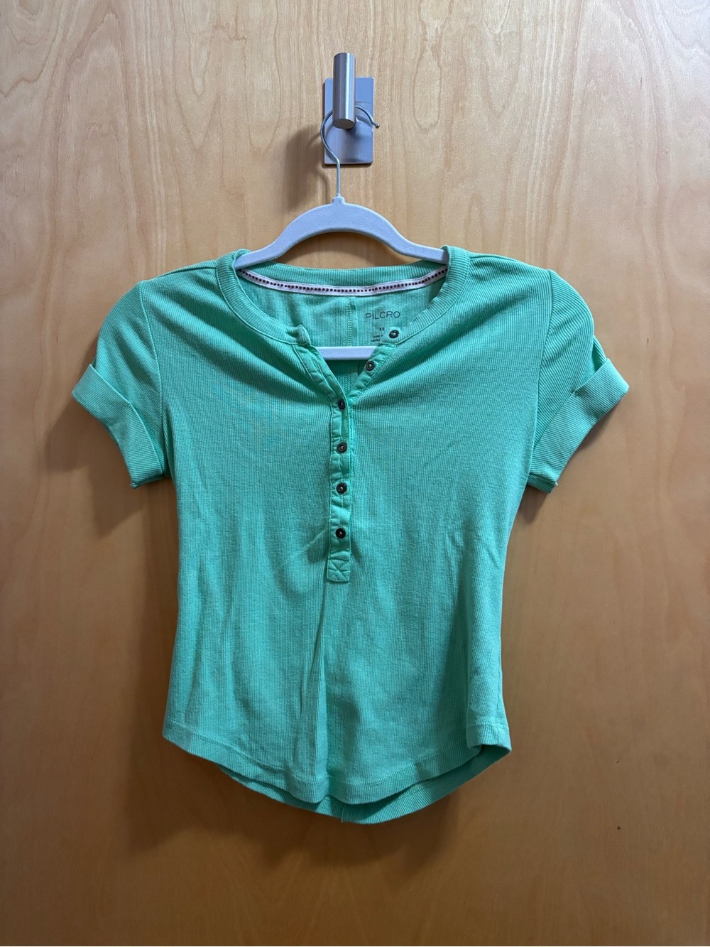Anthropologie Ribbed Short Sleeve Henley in Lime Green